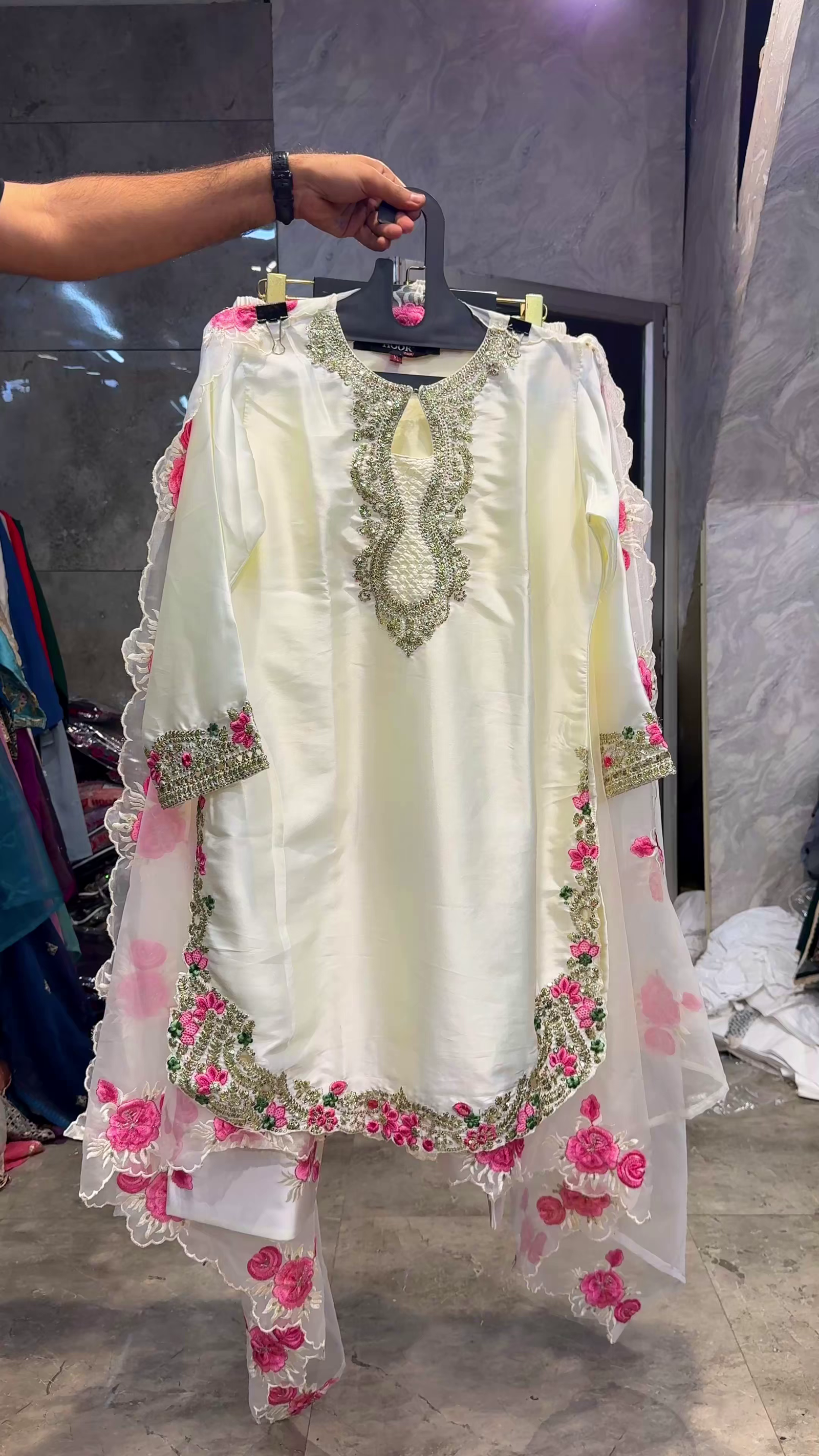 Elegant Ivory Floral Embroidered Party Wear Suit Set with Organza Dupatta