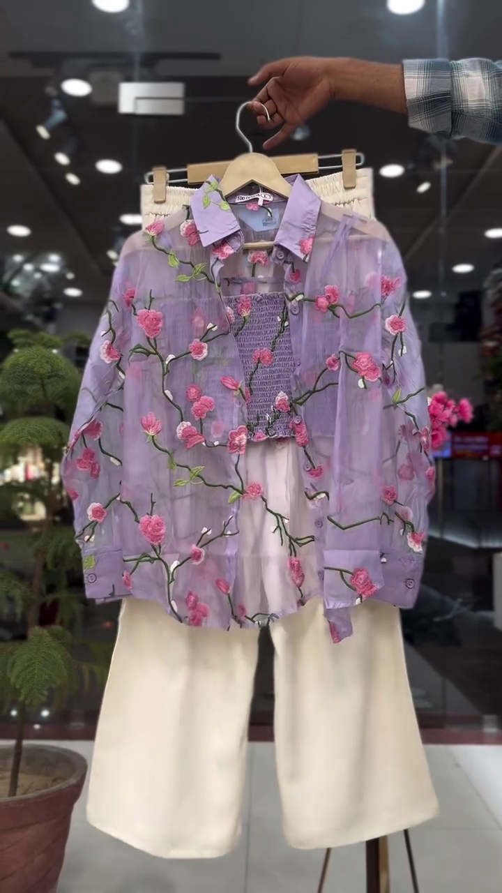 Trendy Pink Checked Shirt with Black Inner and Wide-Leg Pants Set