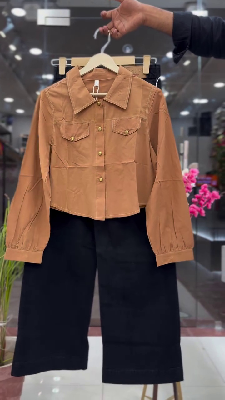 Modern Camel Cropped Jacket with Black Wide-Leg Pants Co-Ord Set