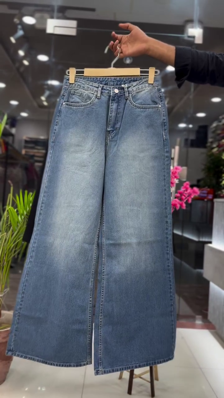Stylish Black Corset Style Full Sleeve Top with Wide-Leg Denim Jeans
