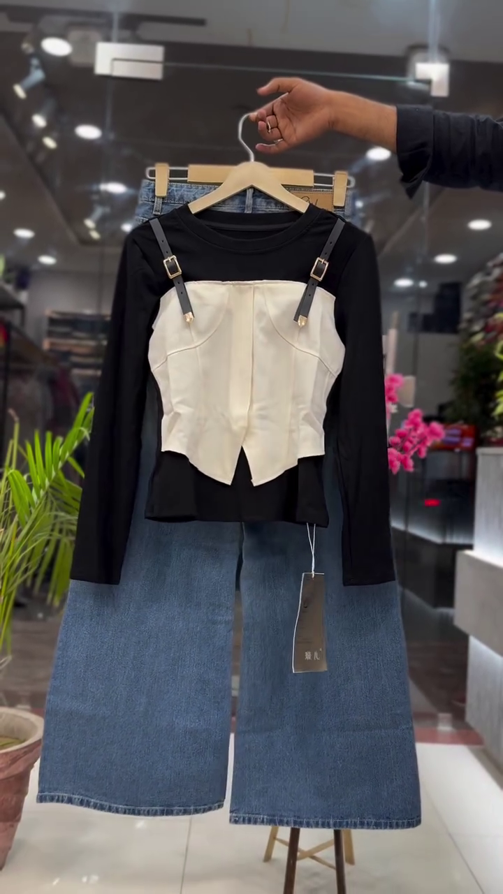 Stylish Black Corset Style Full Sleeve Top with Wide-Leg Denim Jeans