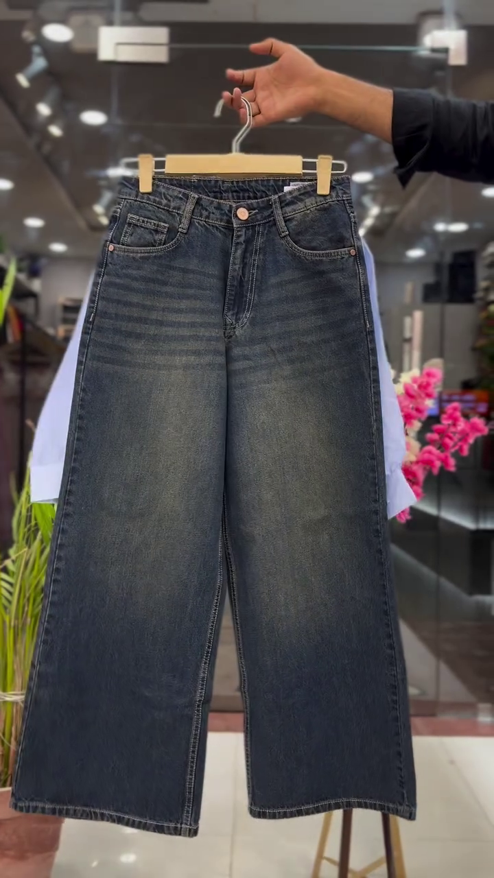 Elegant Sky Blue Embroidered Shirt with Denim Wide-Leg Pants