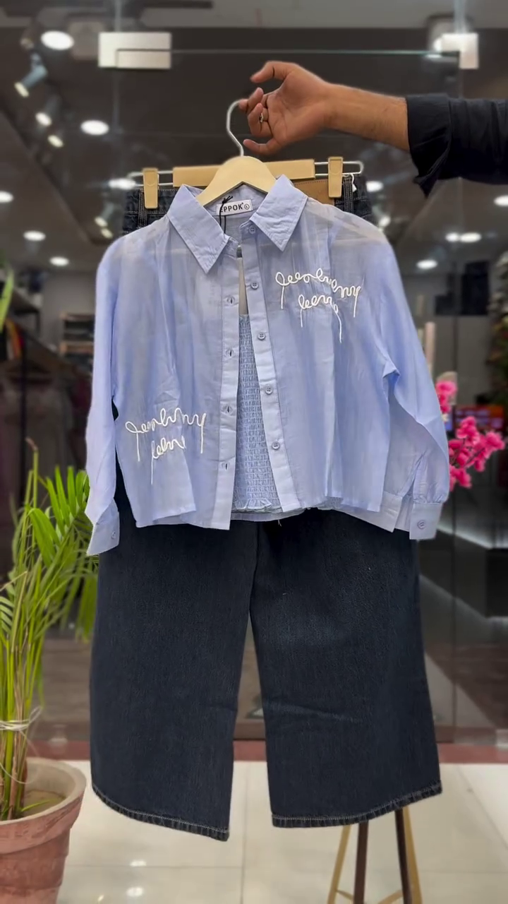 Elegant Sky Blue Embroidered Shirt with Denim Wide-Leg Pants