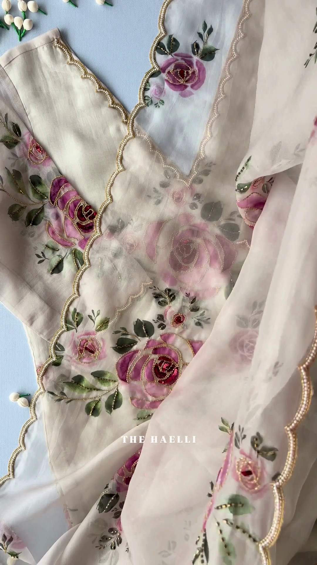 Luxury Pastel Floral Embroidered Organza Saree with Scalloped Border