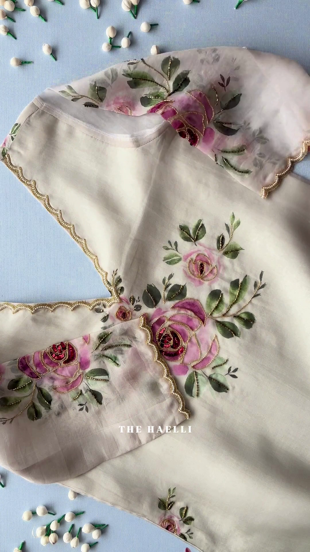 Luxury Pastel Floral Embroidered Organza Saree with Scalloped Border